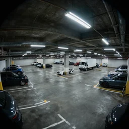 highly detailed underground parking garage, cars, trucks, fisheye, fluorescent ceiling lights, by Beeple and Syd Meade, concept art, octane render, 8k HDR, artstation