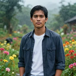 hyperrealistic portrait of a philippine character in a scenic environment, flowers, rain, by beksinski zdzislaw, yoro sean, buchholz, quint, christensen james c.,