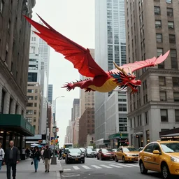 a red flying dragon in the streets of New-York city