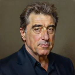 a hyper-detailed oil painting of Robert DeNiro; an extraordinary masterpiece!!!; flawless; photorealistic; trending on artstation; f/1.4; 90mm