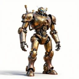 fierce steampunk robot with gears, detailed 3d character render, full body, standing, isolated on a pure white background, centered, whole figure in frame, sharp focus, studio lighting