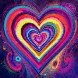 Layered colorful hearts in guernica style. Neon geometric acrylic swirl artwork.