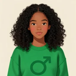a shy brazilian girl blushing, dark skin, black curly hair, wearing a green sweater with the male symbol on it, digital art, artstation, smooth