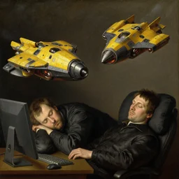yellow and black spaceships attacking a man sleeping at a computer, highly detailed, masterpiece, renaissance, oil on canvas