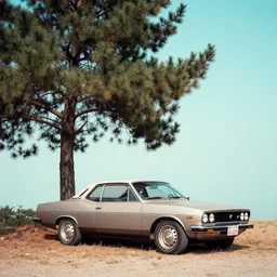 1 9 7 0 s car parked by the pine tree, film photo, soft lighting album cover, nostalgia, turquoise gradient