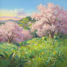 an extraordinarily beautiful oil painting of a landscape in spring during sunrise ; lush vegetation ; the most beautiful painting in the world ; by makoto shinkai