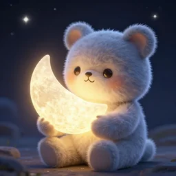 a very very cute stuffed animal holding a glowing moon in it's hands, backlight, 3 d render, octane render, magical lighting, stars in the night sky, digital art, highly detailed still from moon holder by pixar and dreamworks