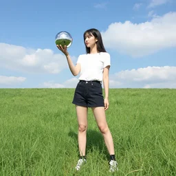 a girl standing on a field of grass holding a chrome ball, blue sky with clouds