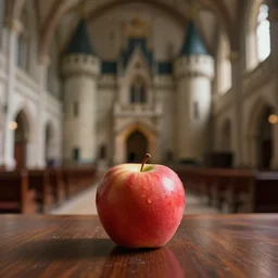 an apple is sitting on the table of a great hall in a castle, clear focus, bokeh effect, high res, hasselblad, dslr, professional, cinematic, 4 k octane render, gigapixel maximum upscale