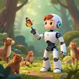 incredible And fantastic android Robot boy trying to touch a butterfly in the forest and the animals around him surround him, with a beautiful aura in the atmosphere, hyper realistic with many details, Greg rutkowski, Trending artstation, cinematographic, Octane Renderizado, unreal engine 5, cinema4D