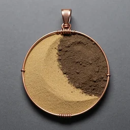a beautiful circular pendant that is half sand half dirt and bound together by copper wire