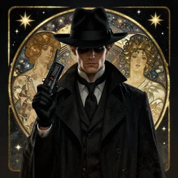detective noir made of stars, abstract background, alphonse mucha, rhads, ross tran, artstation, artgerm, octane render, 1 6 k
