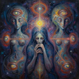 painful abstract surrealist forms by yvonne mcgillivray by mandy jurgens by michael divine, powerful eyes glowing highly detailed painting of l sadness alone, spiritual abstract forms, symmetrical, trending on art station, abstract emotional sadness expression, very very beautiful, fantasy digital art, highly detailed patterned visionary art, magic symbols, by michael divine, cosmic nebula