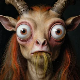 close up portrait of a mutant monster creature with giant protruding eyes bulging out of their eye sockets, exotic orchid - like mouth, long colorful hair growing out of the nostrils, antelope horns. by jan van eyck, walton ford