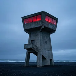 an old robust concrete brutalist observation tower from ww 2 with red light coming from inside. the tower stands in a icelandic beach, black sand beach, blue hour, cloudy day, filip hodas, jakub rozalski, digital art, ( ( ( ( ( matte painting ) ) ) ) ), award winning, trending on artstation, cinematic