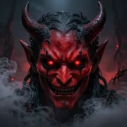 a scary devil face with shade of soft red and black with bloodshot and luminous eyes, against a hellish background with a lot of smoke, darkart, hyperdetailed, hyperealistic, cinematography, 16k, 3D, Artstation, Deviantart, very beautiful