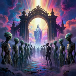 [ palate ] [ vibrant gothic colors ] lost alien souls congregating and waiting in line at heaven's gates, vibrant neon nebulous clouds, radiant light rays, photorealistic illustration, intricate and fine details, volumetric lighting, artstation, god figure at the gate