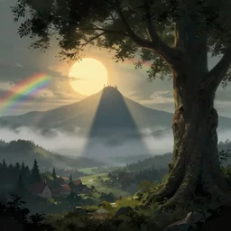 shadow of cthulhu seen on distant mountain, sun, fog, lovecraft, trending on artstation, digital art, fantasy, big tree, rainbow, village