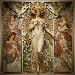 a beautiful intricate beatutifull godess with birds, ultra - wide angle, ornate, elagant, highly detailed, photorealistic, octane render, 8 k, unreal engine, by william turner, by victo ngai, by alphonse mucha, by miho hirano, by moebius, hd, trending on artstation, hyper detailed, muted intense colors