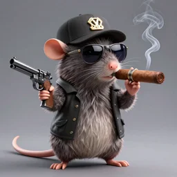 anthropomorphic gangster rat, holding a gun, smoking a huge cigar, wearing sunglasses and a cap, long fur,  anthropomorphic rat, detailed, 3d render, 4k, pixar