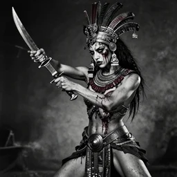 fight, aztec goddes fights with knifes, vertical composition, inspired by monster hunter and dark fantasy and fashion, beautiful  body, clean brutal blooded  symmetrical face,  brutal bloody  and sluty make up, epic,dramatic lighting, cinematic, establishing shot, extremely high detail, photorealistic,  brutal, provocative , cinematic lighting, artstation, octane render, dark fantasy ,old photo, vintage, black and white, Boris vallejo
