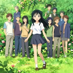 anime visual of a cute young anime woman walking in a lush park flowers ivy foliage, wlop, ilya kuvshinov, artgerm, krenz cushart, greg rutkowski, hiroaki samura, range murata, james jean, katsuhiro otomo, erik jones, anime poster, cel shaded