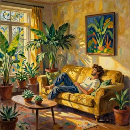 A cozy, warm living room, bathed in golden light, with many tropical plants and succulents, a figure rests on an old couch, highly relaxed, sunday afternoon, living the good life, at peace, golden ratio, fauvisme, art du XIXe siècle,  figurative oil on canvas by André Derain, Albert Marquet, Auguste Herbin, Louis Valtat, Musée d'Orsay catalogue