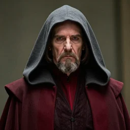 portrait of emperor palpatine sidious ian mcdiarmid with a big hood in shades of grey but with red by jeremy mann