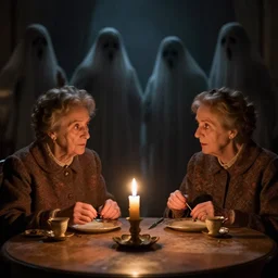 a seance conducted by two old women, candle light, ghosts, ominous, by federico fellini