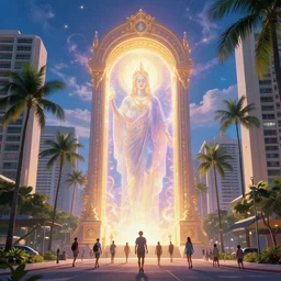 a holy glowing divine portal opening in dreamy kalakaua avenue in waikiki, a gateway to greg rutkowski multiversal realm, majestic, luxurious, higher being, amazed, by peter mohrbacher, ilya kuvshinov, james jean, vincent di fate