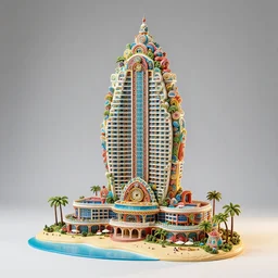 distant photo still of elaborate, complex miniature towering hotel beach resort sculpture, vibrant, colorful, by artist takanori aiba, 8 k, highly detailed, clockwork, intricate, studio lighting bright ambient lighting key light, 8 5 mm f 1. 8