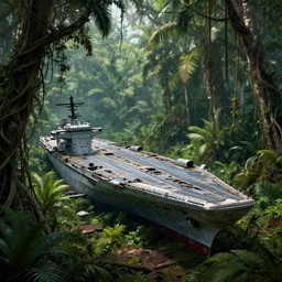decayed aircraft carrier USS Nimitz laying on the ground of a tropical forest overgrown with vegetation and hanging vines, post appocalyptic, by Luis Royo, by Greg Rutkowski, dark, gritty, intricate, cover illustration, concept art, volumetric lighting, volumetric atmosphere, sharp focus, octane render, trending on artstation, 8k