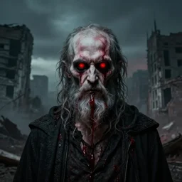 portrait of alexander abdulov, with a red eyes, satanic body, head of old man, om blood of sinners, with background of ruined city, post - apocalyptic style, hellish style
