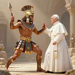 a aztec warrior fighting the pope, high quality CG render, 4K