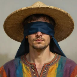 portrait of a blindfolded man wearing a multicolored tunic and a large sun hat, detailed face, highly detailed, cinematic lighting, digital art painting by greg rutkowski