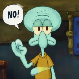 a closeup painting of a squidward saying saying no and making a disgusted face by greg rutkowski, trending on artstation
