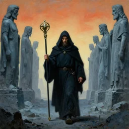 painting of cloaked man holding a ceremonial staff, scene of a man walking through a valley of tall statues of forgotten gods, zdzislaw beksinski, lewis jones, dariusz zawadzki, wayne barlow, warhammer fantasy, cold hue's, warm tone gradient background, concept art, 4 k, ultra - high - definition