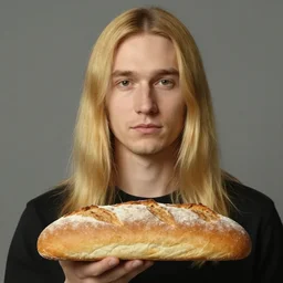 a man with long blonde hair, square face, cute face, holding a loaf of bread. By Ruan Jia. By Norman Rockwell By Ilya Repin.