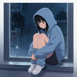 sadie sink in hoodie sits on windowsill, knees tucked in | rain falls at night : storyboard, scifi cyberpunk, b & w. by gabriel hardman, joe alves, chris bonura. cinematic atmosphere, detailed and intricate, perfect anatomy
