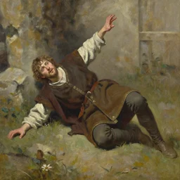 a stumbling and falling medieval man as a oilpainting by Sophie anderson