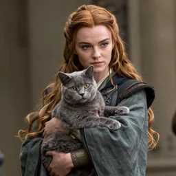 Eowyn (Miranda Otto) carrying a British blue shorthair cat in her arms, film still from 'The Lord of the Rings: The Return of the King'