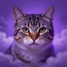 portrait of a cat scholar. closeup, intense look. purple lighting, clouds, bloom. fantasy, digital painting, hd.