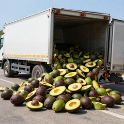 photo of an avocado truck accident that overturned and spilled tons of avocados on the road, people walking around and picking up avocados from the road