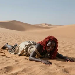 desert landscape, portrait painting beautiful realism, an african girl with red hair, wear gowns, who was sprawled out was about to rise, his face covered in blood. cinematic scene, good lighting, fine art, trending on artstation, smooth draw, sharp focus.