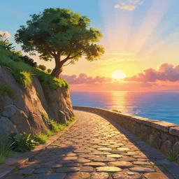 a lonely cobblestone street with a tree on a cliff over the sea at sunset, brightly illuminated by rays of sun, artstation, colorful illustration, studio ghibli, octane render, pixar movie, 3d, 8k