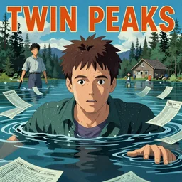 Twin Peaks poster artwork by Michael Whelan and Tomer Hanuka, Rendering of Kyle MacLachlan drowning in taxes from scene from Twin Peaks, full of details, by Makoto Shinkai and thomas kinkade, Matte painting, trending on artstation and unreal engine