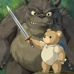 a teddy bear pointing a sword at a monster, painting by miyazaki