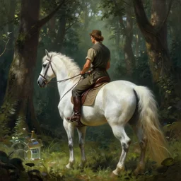 a man riding on the back of a white horse through a forest, a detailed matte painting by frieke janssens, featured on cgsociety, fantasy art, matte painting, reimagined by industrial light and magic, matte drawing