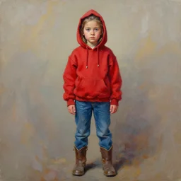 palette knife oil painting portrait of nellie, a small figured young woman in her 2 0 s, dressed like a country bumpkin : jeans, boots, a pointy bright red hoodie. extreme detail, artstation trending, artgerm, any racial background, deviant art, octane, substance, art history 8 k