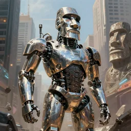 metallic robotic cyborg moai in the city, digital painting, highly detailed, concept art, trending on artstation, epic composition, sharp focus, flawless render, masterpiece, volumetric lighting